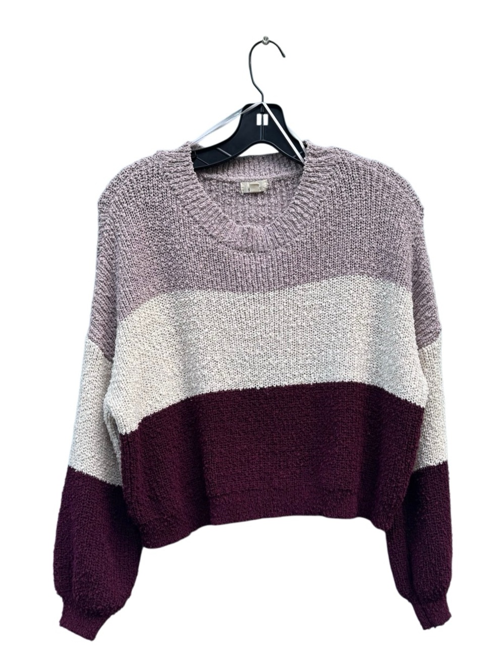 Debut Strip Tri-Color Purple Cropped Knit Pullover Crew Neck Sweater Size Small
